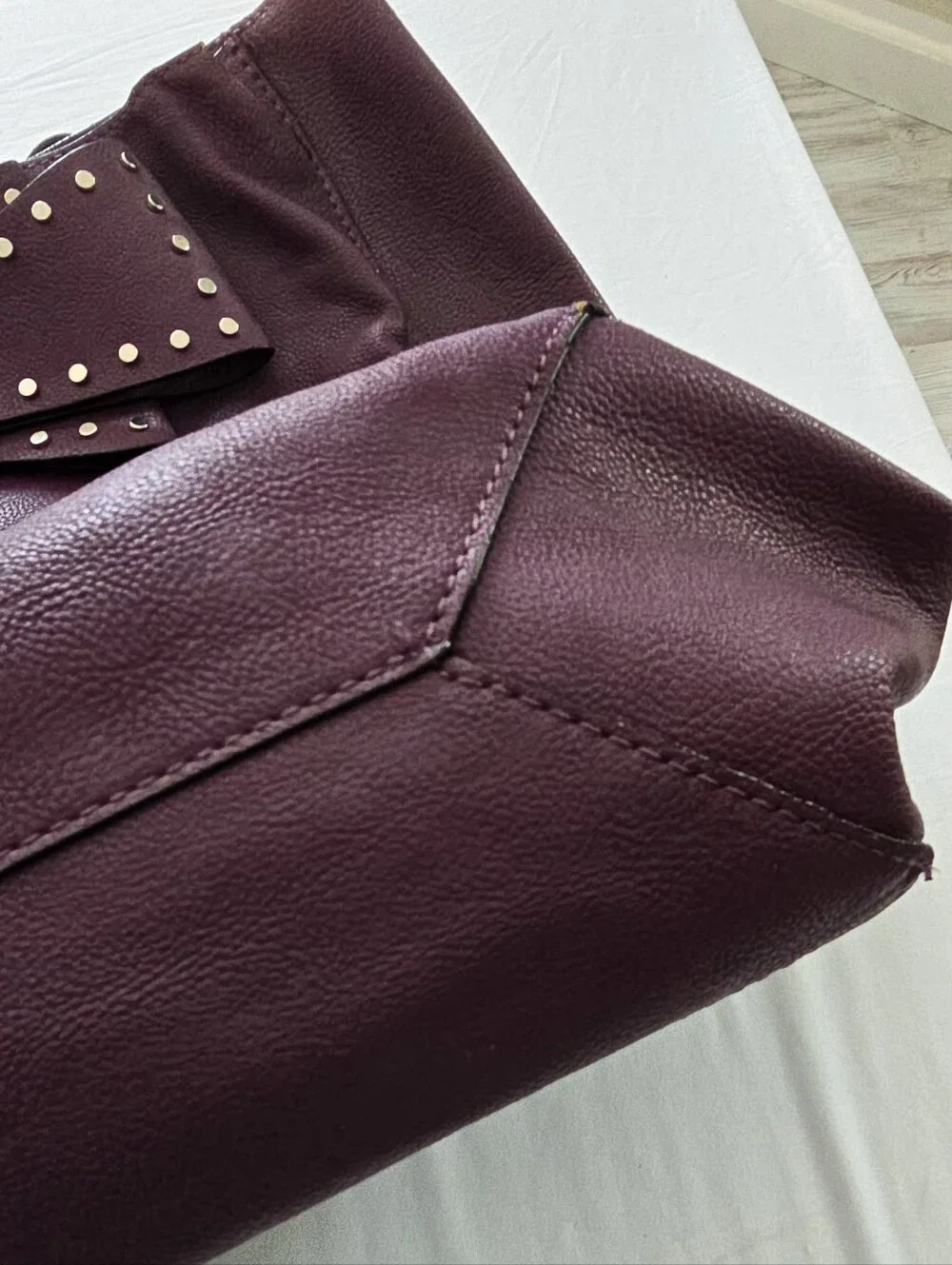 Betsey Johnson Tote Large Plum Purple Bag Silver Studded Bow Faux Leather Purse